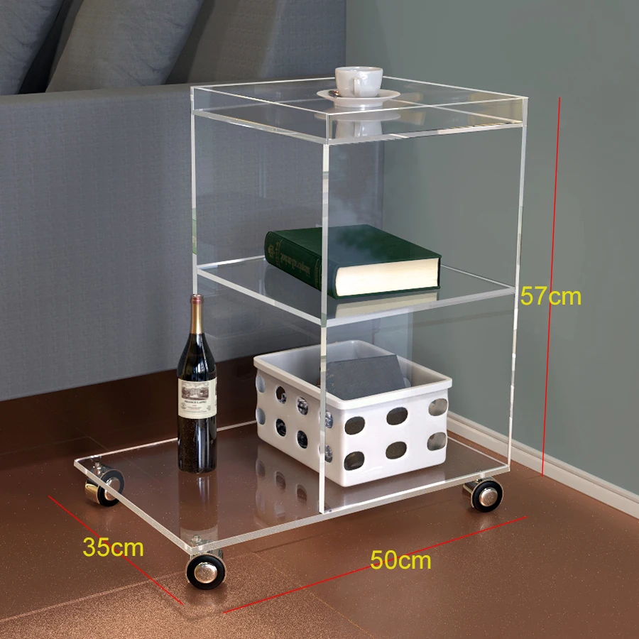 ONELUX Transparent Acrylic Side Sofa Table,Occasional Magazine Tea Tables On Wheels -50w 35d 57h cm