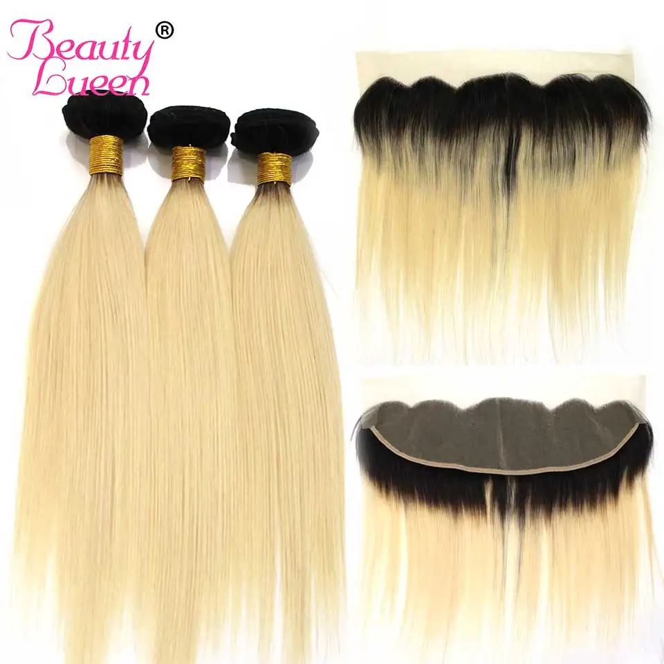 Ombre Brazilian 613 Bundles With Frontal Dark Roots 134 Blond Straight Hair Bundle Ear To Ear Frontal With 3 Bundles Remy Hair (25)