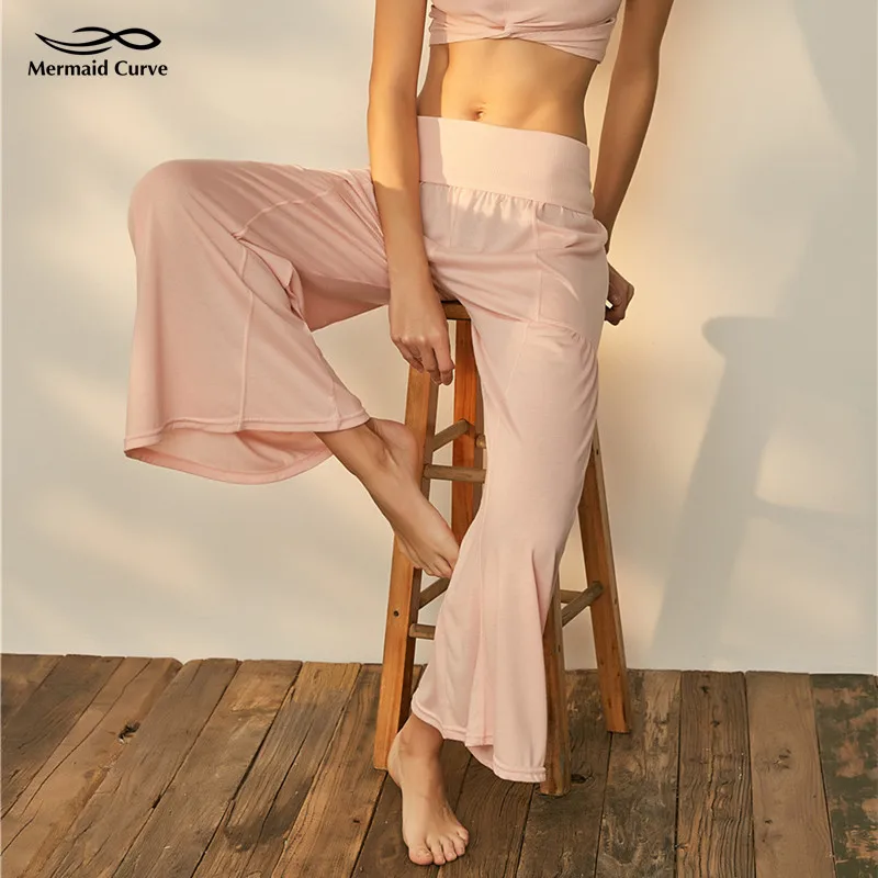 

Mermaid Curve 2018 New Patchwork High Waist Elastic Flared Yoga Pants Wide Leg Dance Exercise Loose Dancing Yoga Pant Streetwear