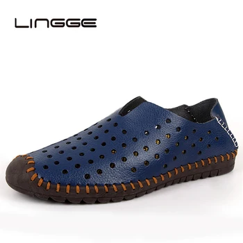 

LINGGE 2020 Men Casual Shoes Fashion Men Loafers Genuine Leather Moccasins Mens Slip On Shoes Men Flats Male Driving Shoes 38-48