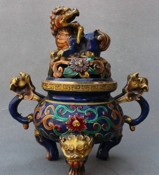 

7 Old China Bronze Cloisonne Enamel Lion Beast Head Incense Burner Censer Statue