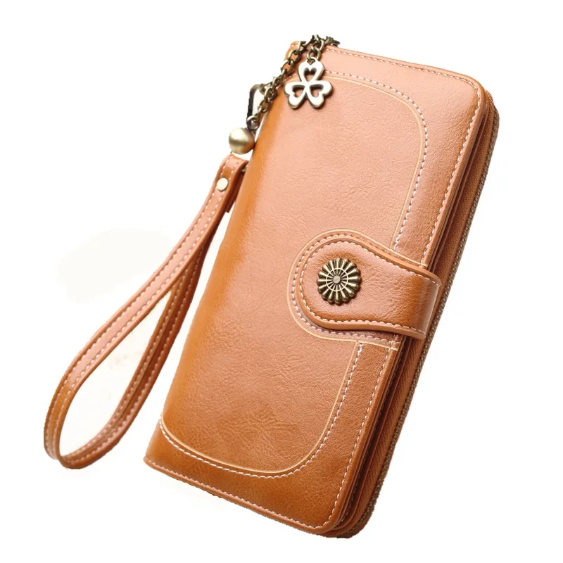 New wallet spot wax leather clutch bag women's long mobile phone bag oil leather large note clip