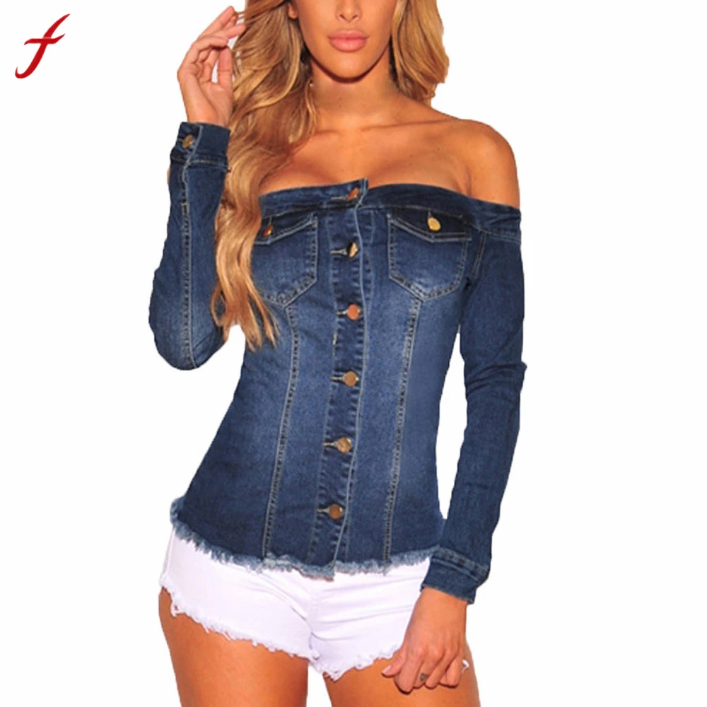 

Feitong 2017 Autumn Winter Women Sexy Blouses Off Shoulder Casual Long Sleeve Tops Fashion Denim Button Shirts Plus Size S~XXL