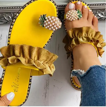 

Slippers Women Shoes Summer Beach Pineapple Flat Slippers Outside Slides Zapatos De Mujer Ladies Shoes String Bead 2019 New