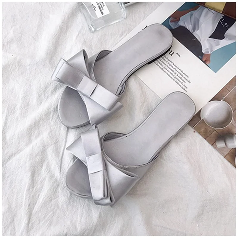 Grey Bailehou/женские тапочки на плоской подошве; коллекция года; Корейская версия; сезон лето; Новинка; вьетнамки на платформе с большим бантом; Уличная обувь - Цвет: Grey