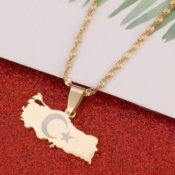 

Turkey Map Flag Gold Color Turkish Pendant Necklace for Women Men Turks Jewelry Patriotic Gifts
