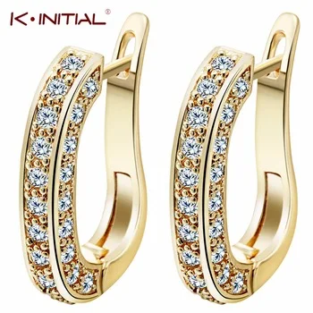 Kinitial 1Pair Charming Gold Silver Plated Fashion Jewelry U Style Inlay Round Clear Cubic Zirconia Hoop Earrings for Women Gift