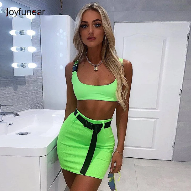 

Joyfunear Neon Green Two Piece Set Spaghetti Strap Crop Top And Mini Bodycon Skirts 2019 Summer 2 Piece Set Women Outfit Clothes