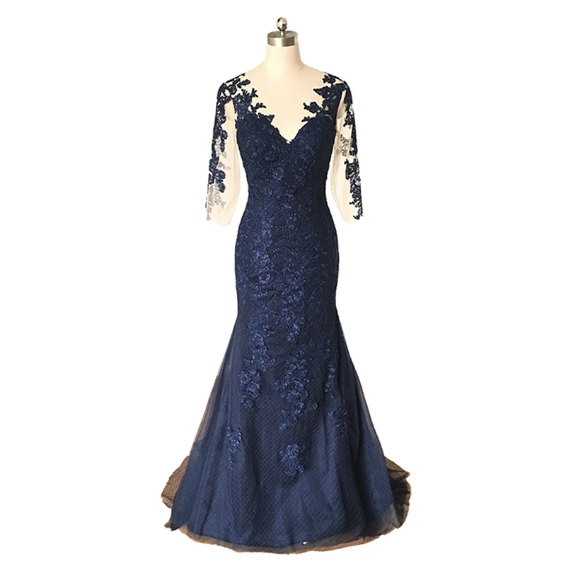 Элегантный Темно-синие мать невесты кружевное платье 2018 Русалка три четверти рукава длинные официальная Вечеринка вечерние платья для