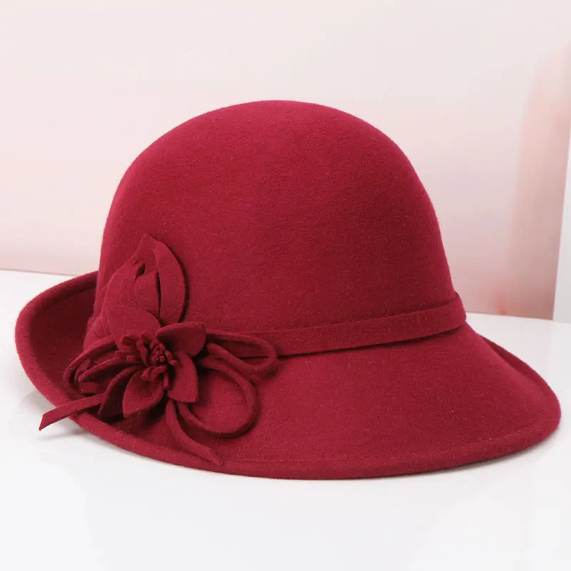 

Женская шерстяная шляпа Fedoras, зимняя теплая шерстяная шапка для девочек, элегантная шапка с цветком, шерстяная шляпа в британском стиле, регулируемая B-8903