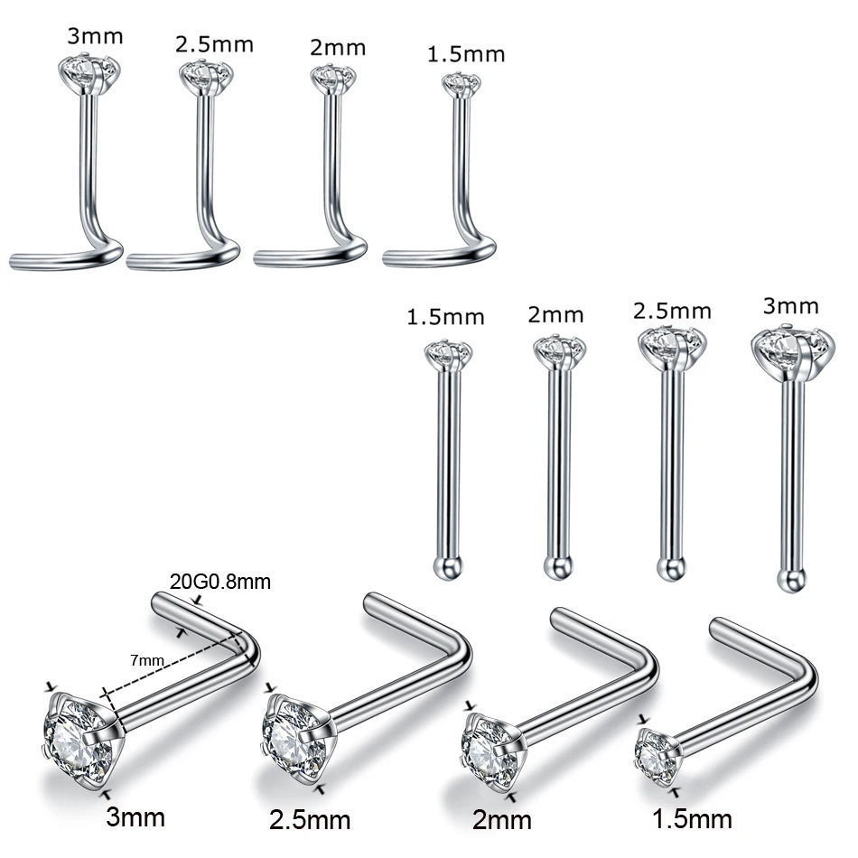 1 предмет, модный стержни носа винт кольца Сталь 1,5/2/2,5/3 мм зубец камень кости L Форма ноздрей, серьги, пирсинг 20G Для женщин ювелирные изделия