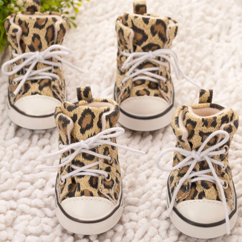 

4pcs/set Pet Boots Casual Leopard Canvas Dog Anti-slip Shoes Boots Teddy Small Medium Large Dogs Sneakers Booties