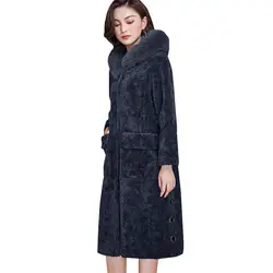 Пальто с натуральным мехом винтажное лисьего меха с капюшоном 100% шерстяное пальто осень-зима куртка женская одежда 2019 корейская овечья