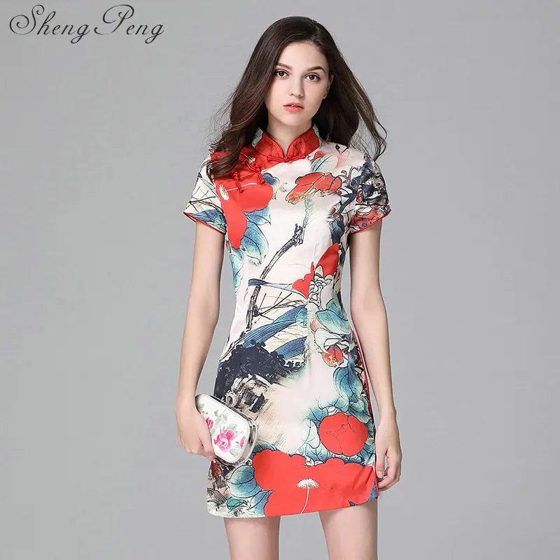 

2018 New Arrival chinese traditional lady' s short sleeve print elegant short dress chinese silk dress for women CC114