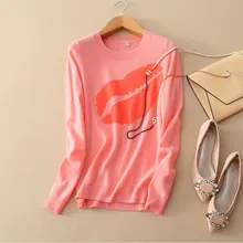 Чистый кашемир вышитый рисунок красные губы свитеры с круглым вырезом Трикотаж женский длинный рукав мягкий кашемировый свитер