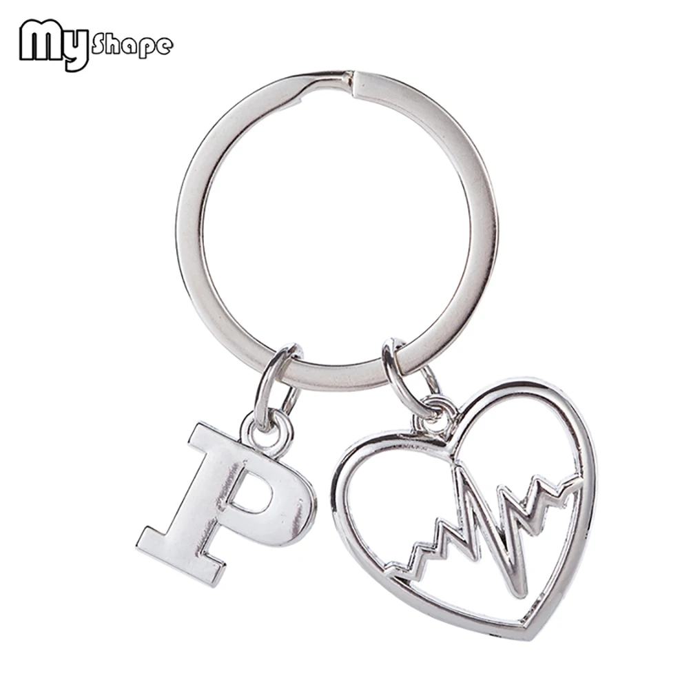 

My Shape Silver Plated 26 Alphabetic Letter Heart Hollow ECG Pendant Key Chain llaveros Car Charms Keyring Doctor Nurse Gift New