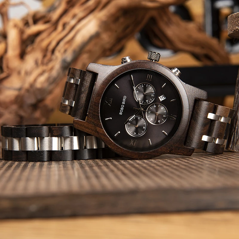 BOBO BIRD Fashion Stylish Men Wood Watches With Bracelet Business Quartz Timepiece Chronograph Stop Watch Best Gift In Box P19-1