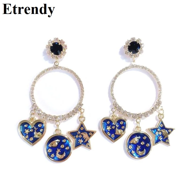 

Korean Round Heart Star Big Earrings For Women Fine Rhinestone Blue Red Statement Long Drop Earrings 2019 Fashion Jewelry Party