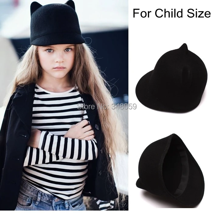 100% Wool Girls Fedora Hat Winter Black Devil Horns Cute Cat ear animal Derby Bowler lovely Cap for Childrend Gift