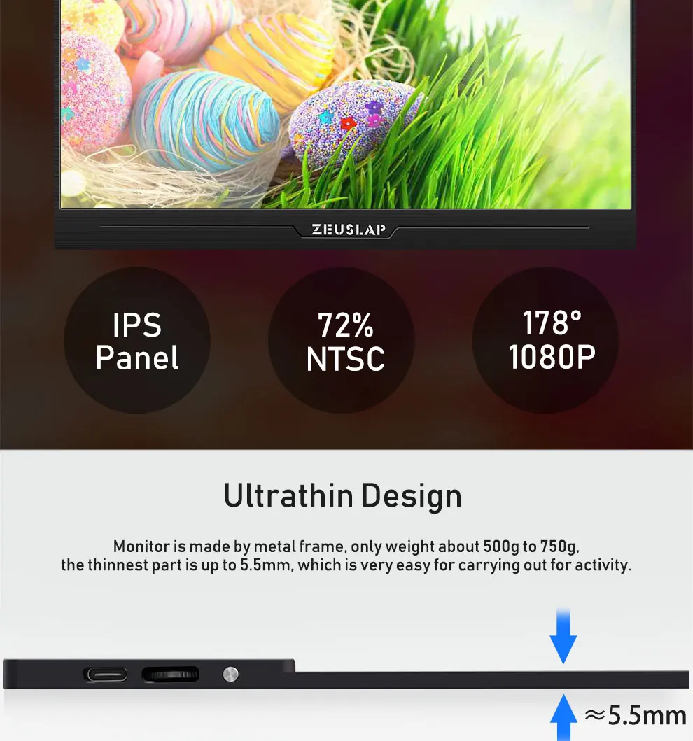 ZEUSLAP супер Сверхлегкий 1080P+ HDR портативный монитор 1920*1080P ips экран для PS3 PS4 xbox Автомобильный дисплей ПК для переключения