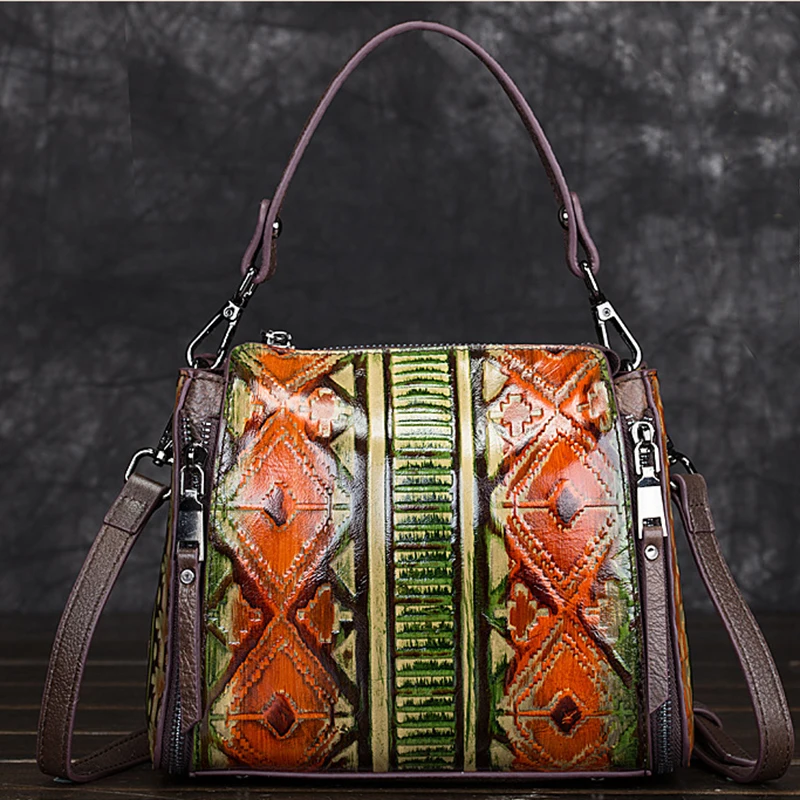 

High Quality Top Handle Genuine Leather Bags Embossed Vintage Leisure Bucket Women Messenger Shoulder Tote Cross Body Handbag