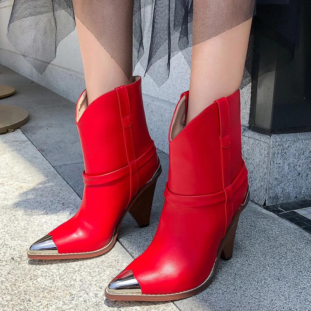 

FINDHER Women Genuine Leather Boots Sexy Pointed Toe Spiked Wooden High Heel Shoes Woman Slip On Metal Toe Cowboy Ankle Boots
