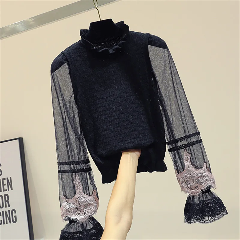 

FOMOLAYIME Blouses 2019 New Fashion Women Spring Knitted Patchwork Black Blouse Shirt