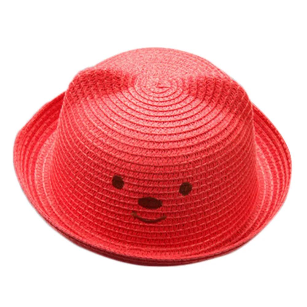 Летняя детская дышащая соломенная шляпа с рисунком для мальчиков и девочек, детская Кепка с кошачьими ушками, Детская Милая пляжная Панама - Цвет: Red