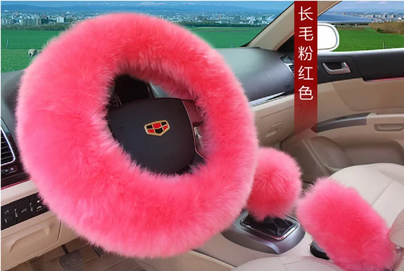 Мягкий плюшевый чехол на руль из искусственной шерсти зимний протектор Автомобильная теплая накладка - Цвет: Розовый