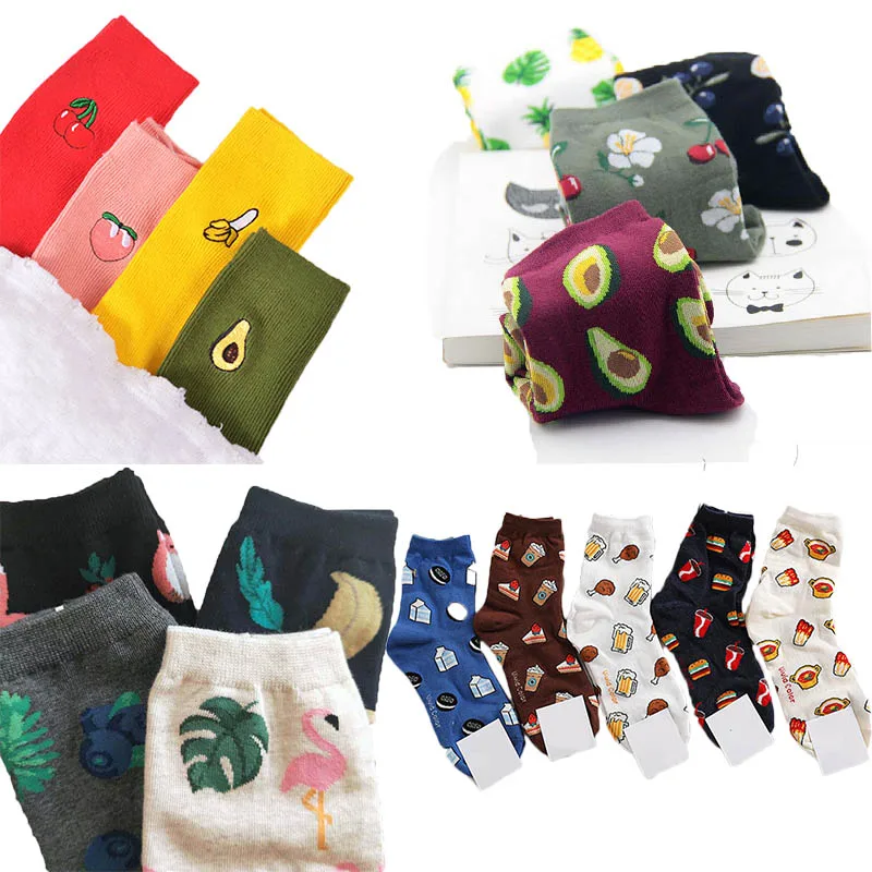 

Korean Fresh Harajuku Fruits Socks Women Funny Animal Flamingos Lemon Pineapple Cherry Blueberry Gardenias Calcetines Mujer
