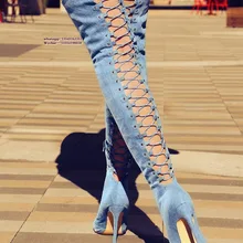 Сексуальные сапоги выше колена на высоком каблуке, джинсовые сапоги на шнуровке с острым носком, сапоги на шпильке, осенне-зимние модные черные сапоги до бедра