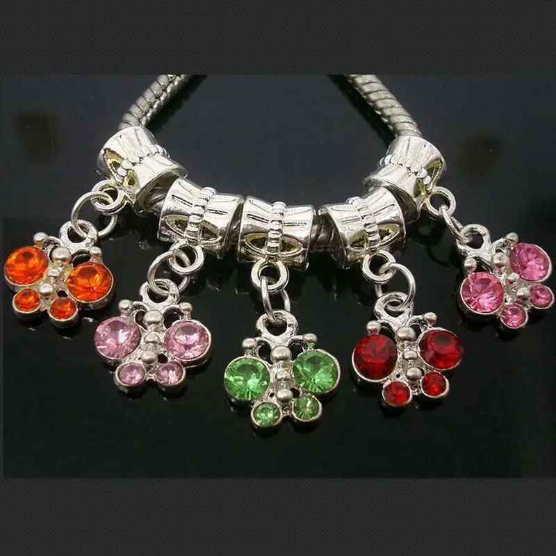 30pcs / Lot Mixed Fashion Silver Plated Rhinestone Butterfly Charms Fit European Bracelets Free
