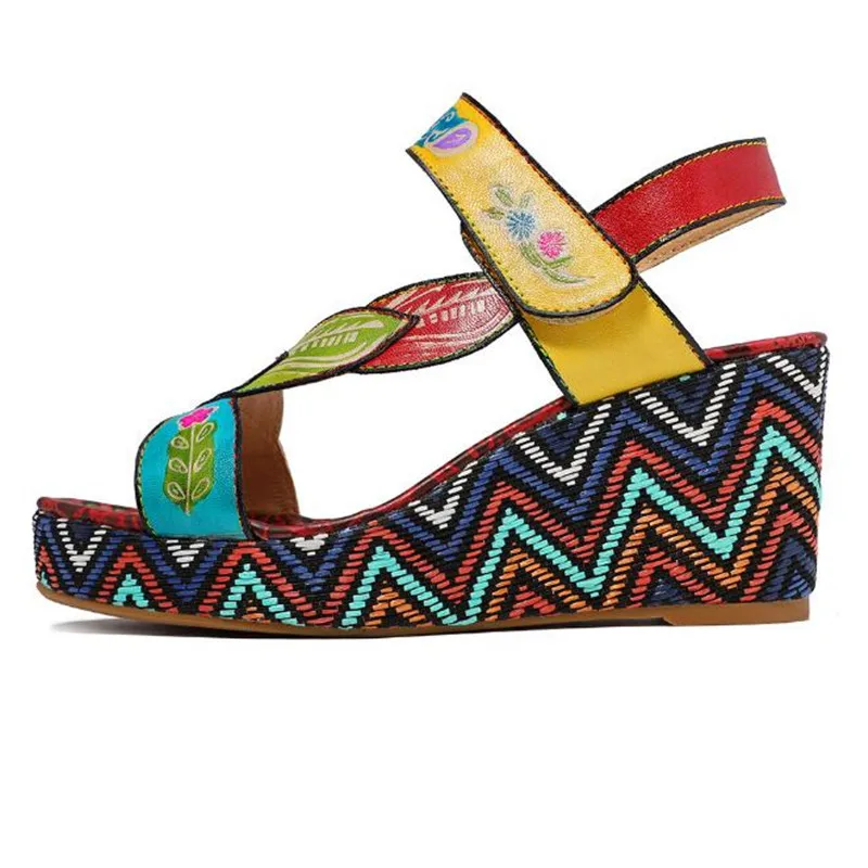 

Fashion platform open toe wedge sandals Large size 41 42 Genuine leather flower Summer high heel women's shoes obuv