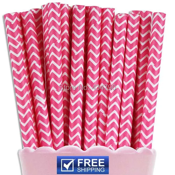 200pcs Paper Straws Hot Pink Chevron Zig Zag Baby Girl Wedding