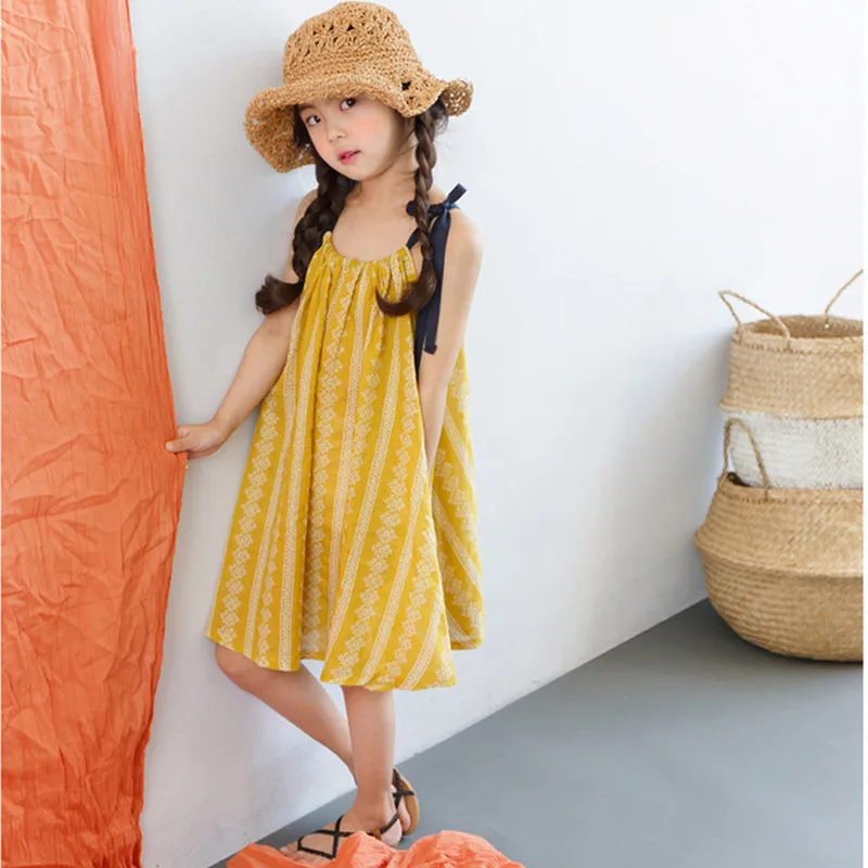 DFXD Teenagers Girls Summer Dress 2018 Fashion Lovely Baby Yellow Print Sleeveless Loose Beach Dress Kids Costumes Vestido 3-14Y