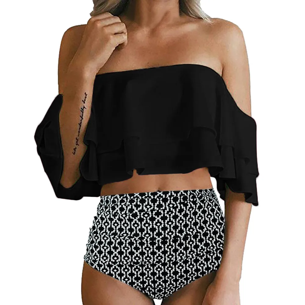 

swimwear women High waist hanging neck ruffled printed bikini Black bikini push up Strapless shoulder#YL