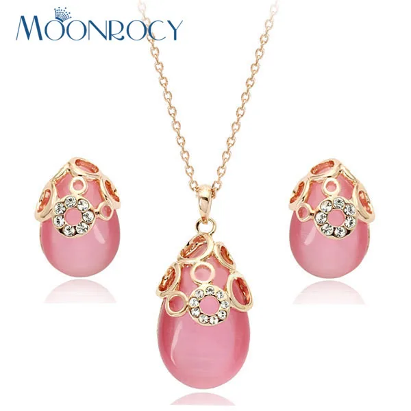 MOONROCY Free Shipping Fashion Crystal Necklace and Earrings Set Pink Opal Rose Gold Color ...