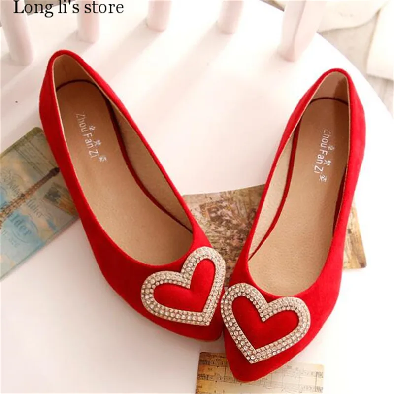 

zapatillas mujer 2017 Small Yards:31 32 33 34 Plus:US11 12 spring/autumn heart diamond wedding red shoes woman Pointed toe flats