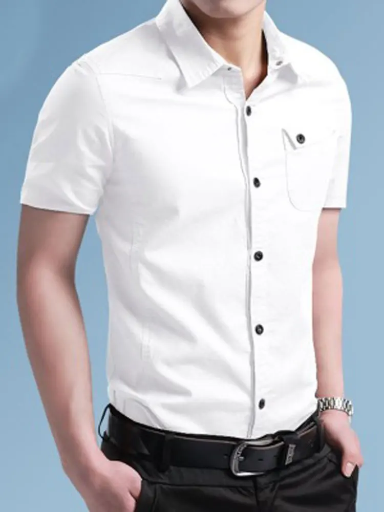 

HEE GRAND 2019 Men's New Fasion Short Shirt Summer Solid Slim Fasion Casual Short Top Turn-down Collar Comfortable Top MCS715