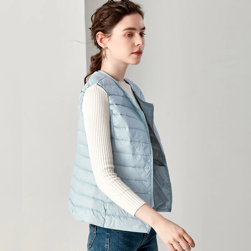 Ceny Nowy swobodny damski biały puch kaczy kamizelka ultralekki kamizelka zimowy nieważki okrągły kołnierz bezrękawnik