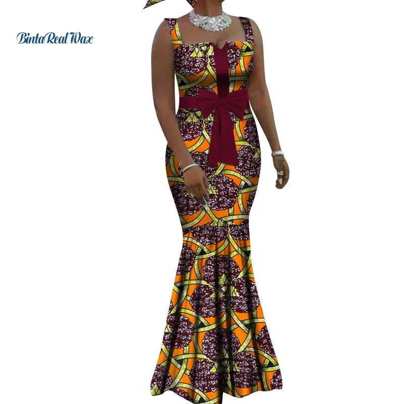 Платья с принтом в африканском стиле для женщин, длинные платья с бантом на ремешке, платья Bazin Riche, платье в африканском стиле, одежда WY3738 - Цвет: 2