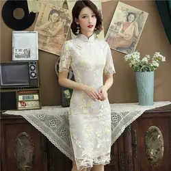Новые китайские традиционные Стиль Cheongsam элегантный женские ручной работы и пуговицы платье воротник-стойка сексуальное короткое платье