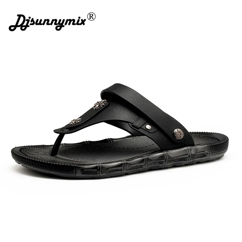 

Leather Men Beach Slippers Fashion Flip Flops With Soft Sole Trendy Breathable Easy To Match Men Summer Shoes