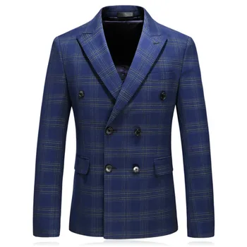 

Double Breated Blazer Men 2019 Spring Autumn Slim Fit Mens Striped Plaid Blazer Jacket Men's Smart Casual Blazers Navy Blue Q212