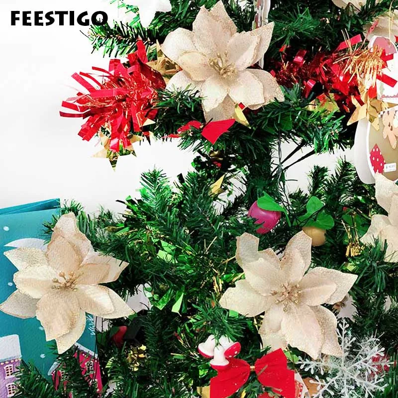

10PCS Christmas Tree Ornaments Artificial Flowers For Home FEESTIGO Xmas Navidad Christmas Tree Decorations New Year 2020