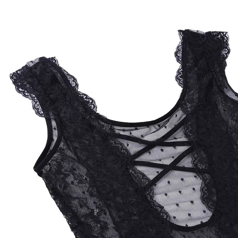 iEFiEL Mens Crossdress Lingerie Sissy Floral Lace Polka Dots Bodysuit Jumpsuit Nightwear Sleepwear See Through Mesh Underwear -