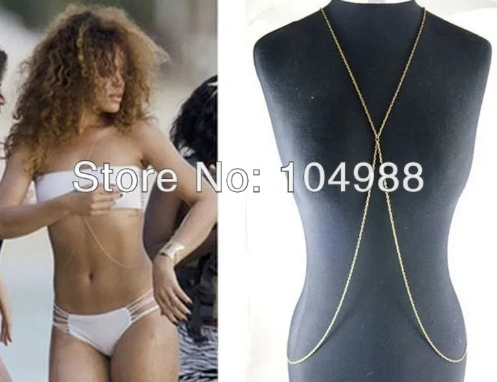 

Wholesale 5pcs/lot Rehana Loved Gold or Silver Body Chain Necklace Bikini Body Chain 2 colors