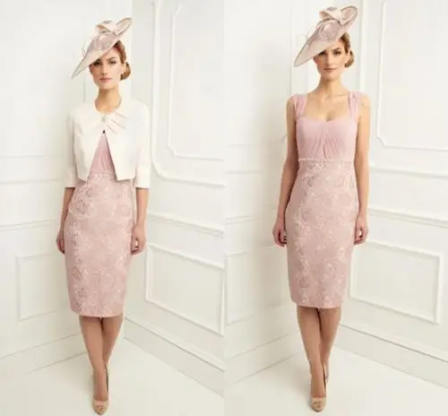 

free shipping 2014 new sheath sweetheart knee-length long sleeve lace taffeta pink Mother of the Bride Dresses with white jacket