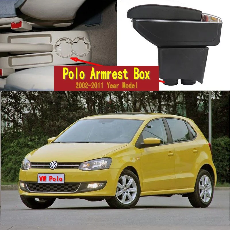 

For Volkswagen Polo 9N 2002-2009 Armrest Box Central Store content Storage Box Center Console Leather Cup Holder Dual Layer