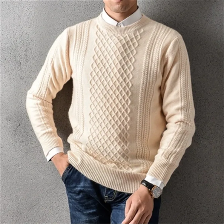 

100%goat cashmere twisted knit men smart casual Oneck thick pullover sweater solid color S-2XL